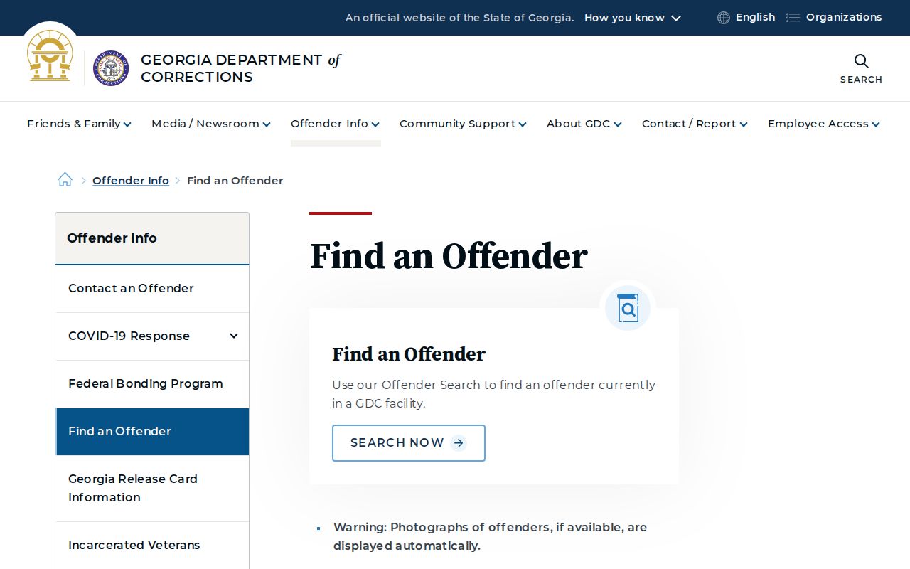 Georgia Department of Corrections Find an Offender page for Glynn County release research